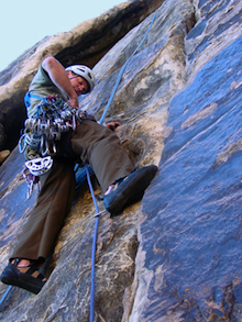 A climber starts up Tonto (5.5) in Red Rocks, NV