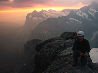 On route to the summit of the Eiger at dawn.