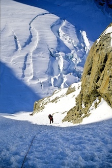 Climbing the entrance couloir to the West Rib.