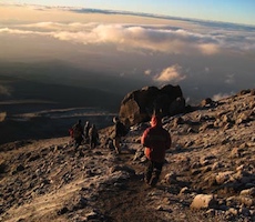 Climbers descend after a successful summit on Kilimanjaro. 