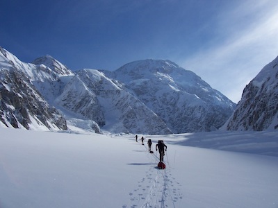 Approaching the West Rib on the Kahiltna Glacier.