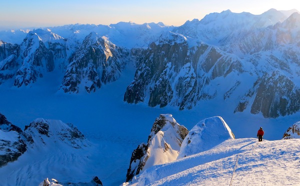 Gaining the ridge on the Mooses Tooth, Alaska Range.