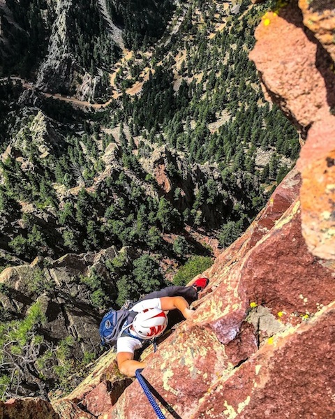Climber on Shirttail Peak, Eldorado Canyon