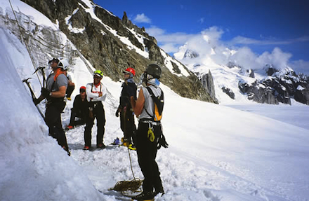 Ice climbing instruction below Mount Dan Beard, Alaska Range.