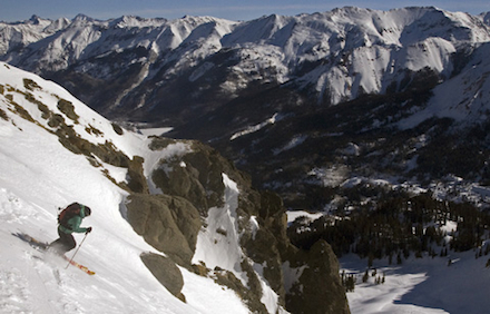 Skiing steep terrain in the backcountry.