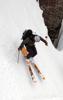 Flying down a steep chute.