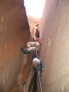 The glass-smooth chimneys of Epinephrine (IV, 5.9). We usually pull our packs up on tethers through the chimneys so that we can put our back and feet on opposing walls. Rich Draves