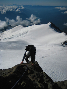 Ascending the summit pyramid, looking back at the Sulphide glacier.