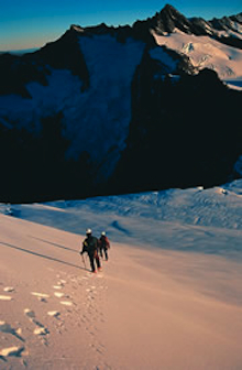 Descending onto the Bonar Glacier, Mt. Aspiring.