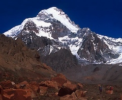 Aconcagua's Polish Glacier descends from the summit diagonally right.