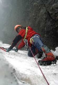 Climbing 60 degree ice on El Altar.