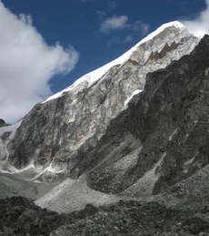 China, Lamoshe - Our climbing route on Lamoshe, the north ridge is the snowy left hand skyline.