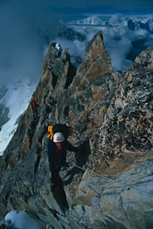 Climber Traversing Rock Towers to Camp 2.