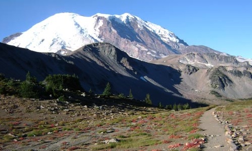 On the Wonderland Trail with Mt. Rainier in the background.