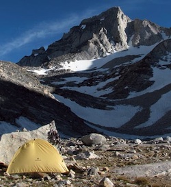 Backpacking, Sierras - Camp beneath Bear Creek Spire.