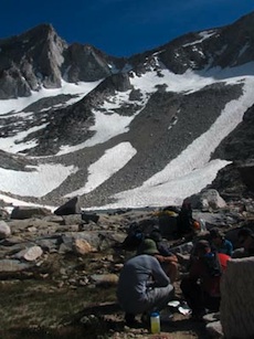 Backpacking, Sierras - Map reading below Bear Creek Spire.