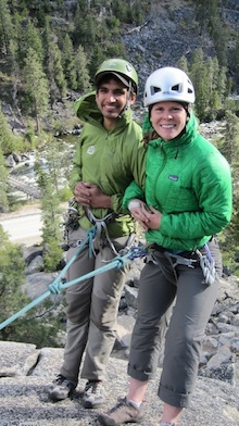 AAI guides Andrew Yasso and Erin Smart are lowered together on a cow's tail. This technique allows a climber to lower two people at the same time.