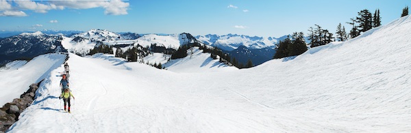 An AAI group approaches their Mt. Baker basecamp through a vast wonderland of alpine wilderness.