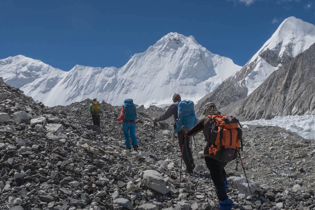 Travel over the rocky moraine to Camp 1 on Cho Oyu