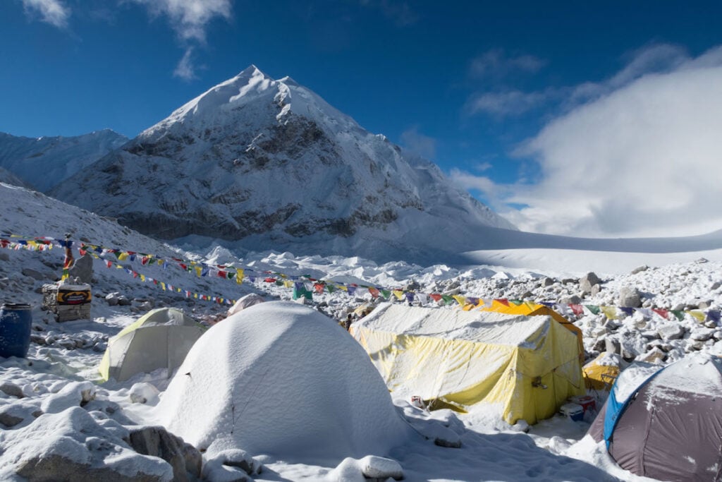 Cho Oyu Base Camp with snow