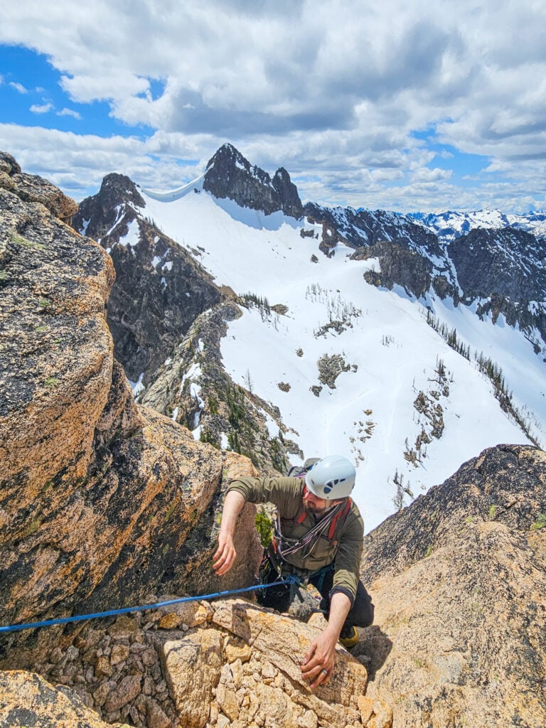 A climber follows a pitch of climbing in Washington Pass