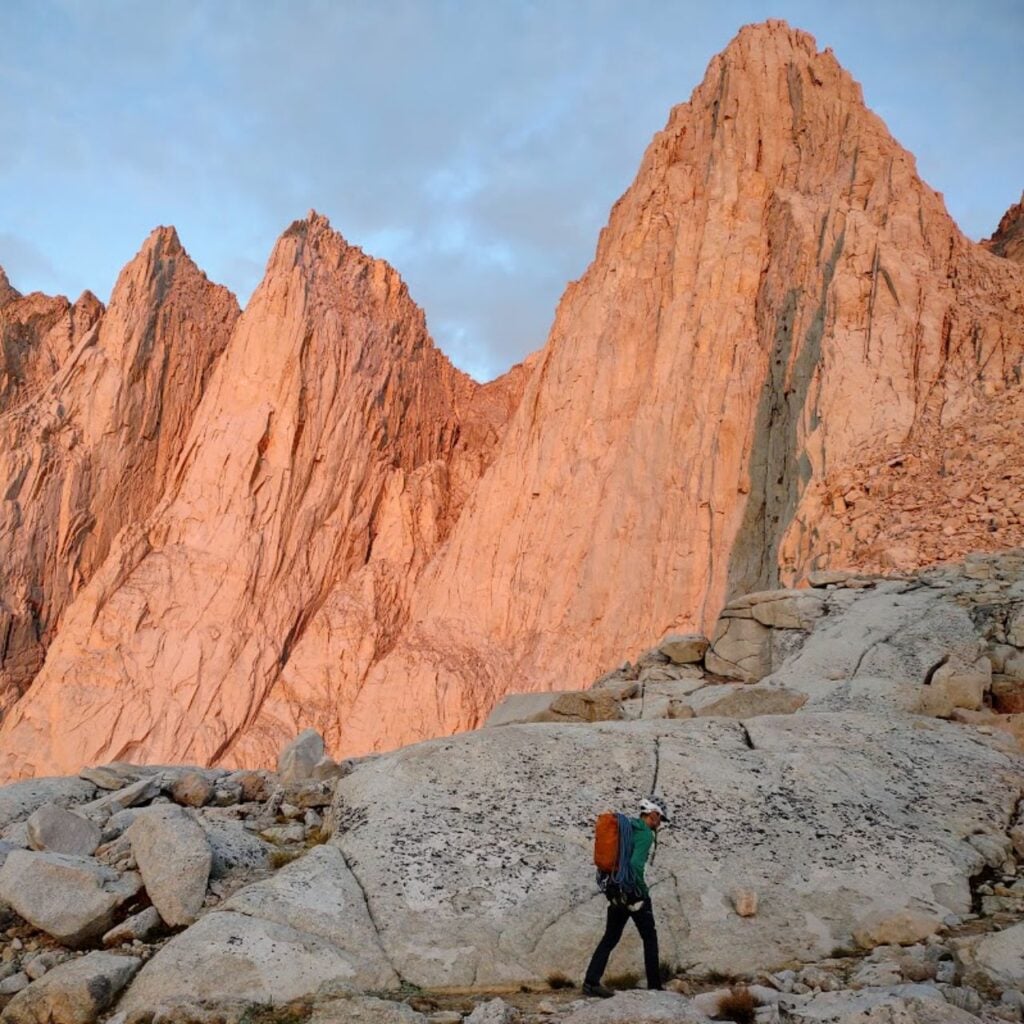 A climber approaching the base of Mt. Whitney