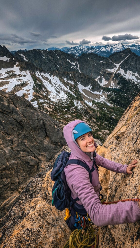 Climber on route in WA Pass during an Alpinism 2