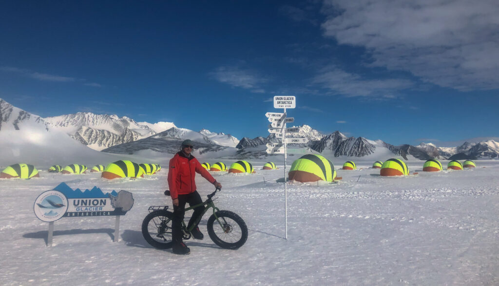 Tents and mountain biking at Union Glacier Mike Roberts