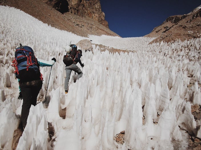 Climbers ascending Aconcagua through Penitentes