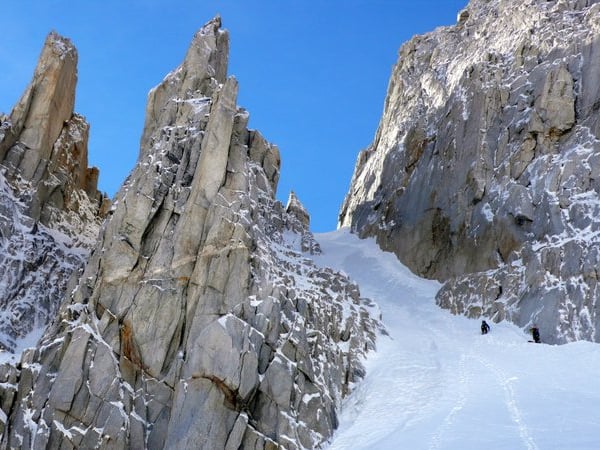 Climbers approaching couloir on North Peak