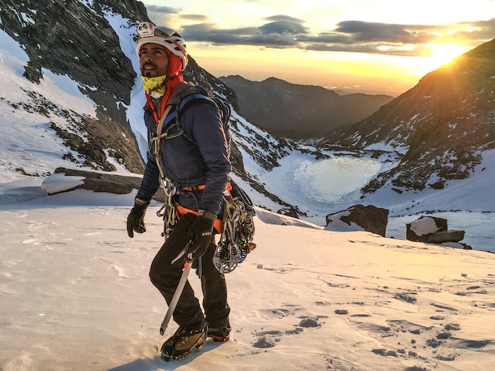 Climber Approaching Longs East Face in the Winter