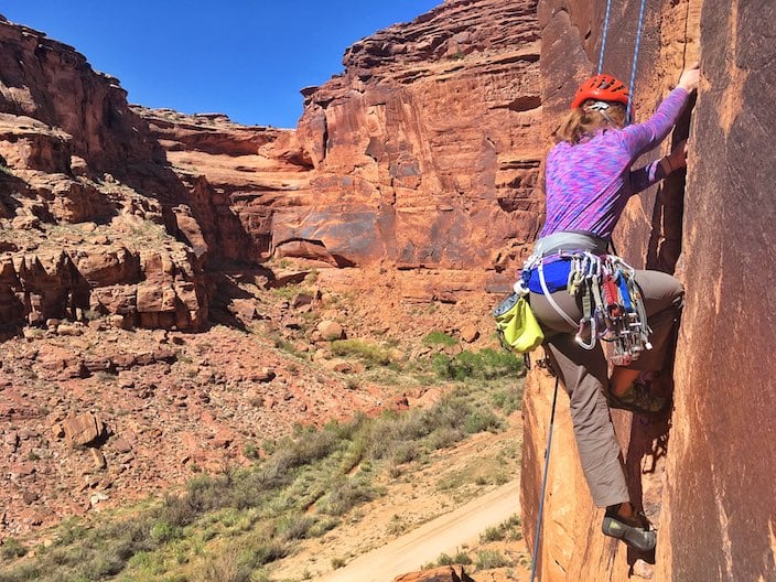 Climber on Ice Cream Parlor Crag in Moab. Zach Lovell.