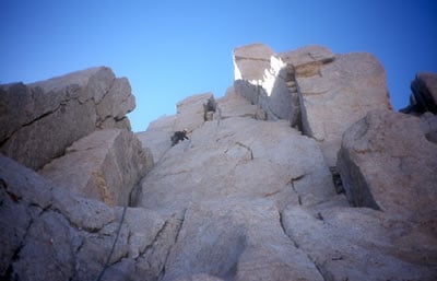 Looking up to the final pitches of the East Buttress