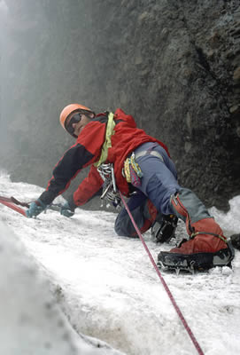 Climbing 60-degree ice on El Altar
