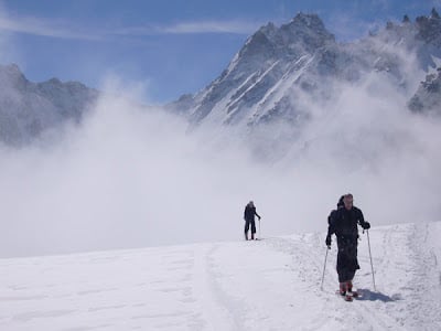 The Haute Route - Guided Hut Skiing in the Alps 2 Afternoon skinning through the mist on day 2.
