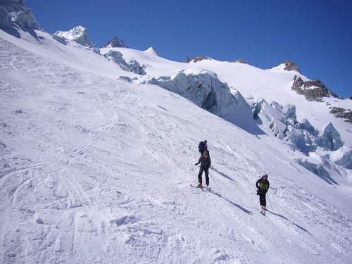 Glacier skiing past the Trient Hut