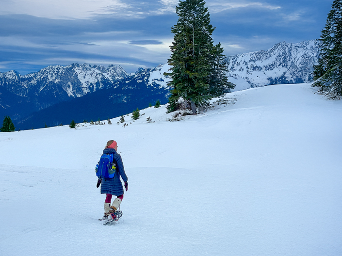 A snowshoer travels through the backcountry by Mt. Baker