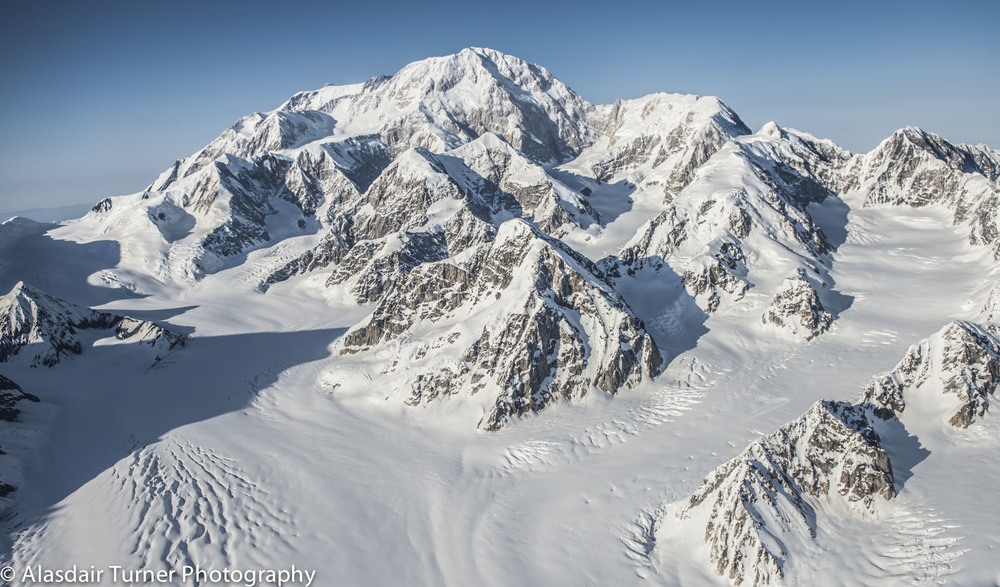 Denali, and the Kahiltna Glacier as seen from 12,000 feet.  This is not a view that is seen very often since most people are at a much lower altitude when they get to this area.  I love this shot since it really shows Denali as a individual mountain in a way I have not seen before.  It also contains the entire West Buttress route up the Kahiltna Glacier which is also rare to see in a photo.  Click on the image to purchase.