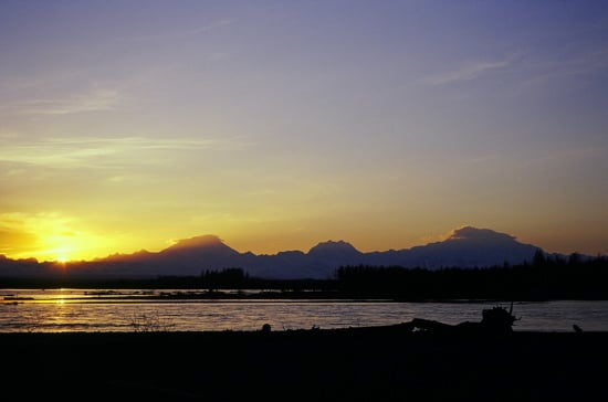 Sunset on the Alaska Range from the Talkeetna River.
