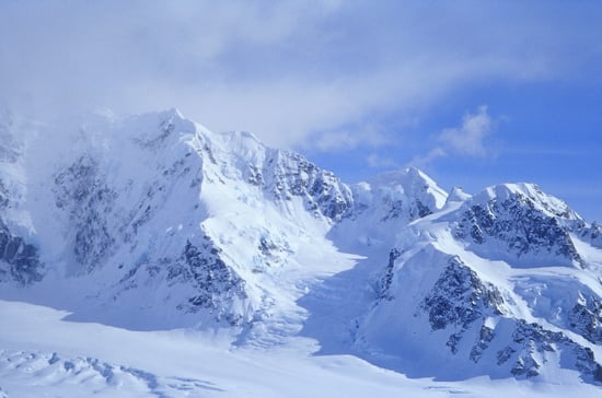 Denali Base Camp 4 The lower West Ridge of Mount Hunter seen from the air just above Base Camp.