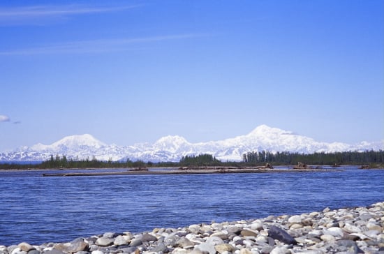 Views of Foraker, Hunter, and Denali from the banks of the Talkeetna River.