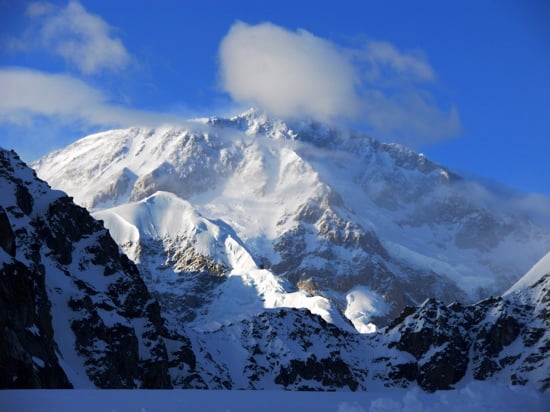 Denali Base Camp 20 The South Face of Denali as seen from Base Camp with the Cassin Ridge highlighted in the evening light.