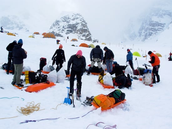 Lower Kahiltna Glacier 1 Packing up at Base Camp and preparing for the single carry to Camp 1.