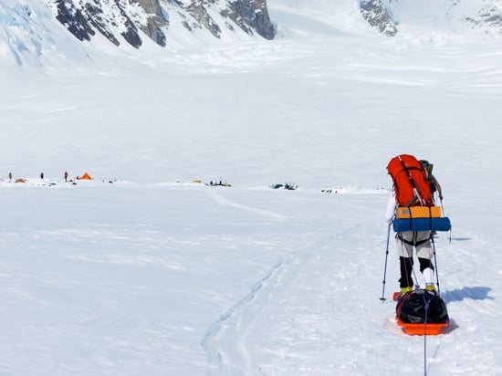 Lower Kahiltna Glacier 19 Climbers reaching Camp 1 after a long, hard, and hot day on the glacier.