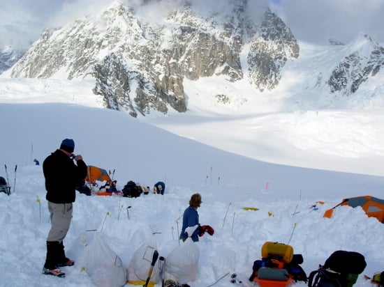 An AAI group gets settled into Camp 1 with the Kahiltna Peaks behind.