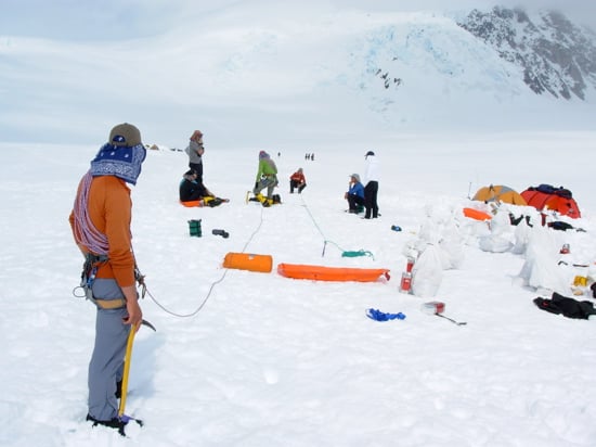 An AAI group practices crevasse rescue scenarios at Camp 1.