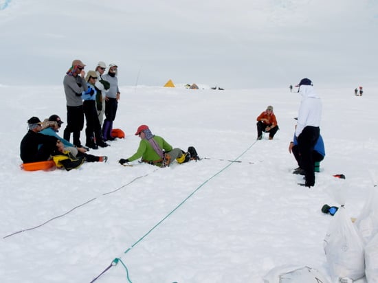 AAI Guide Erik Johnson demonstrates group crevasse rescue at Camp 1.