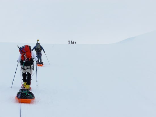 Climbers start up Ski Hill above Camp 1.