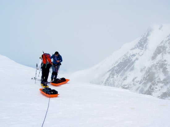 From the top of the hill climbers look down into the Upper Peters Glacier basin.