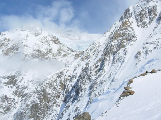 Looking across the Lower Peters Basin at the Father's and Son's Wall on Denali.